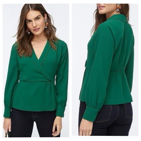 J. Crew Drapey faux-wrap top 365 crepe in Green AE875 size 6 Petite - Picture 1 of 13